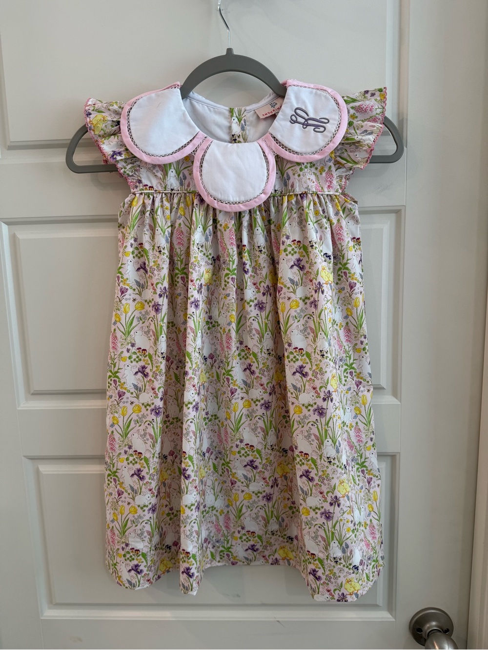Floral Puff-Sleeve Dress with Pink-Trimmed Peter Pan Collar monogrammed K